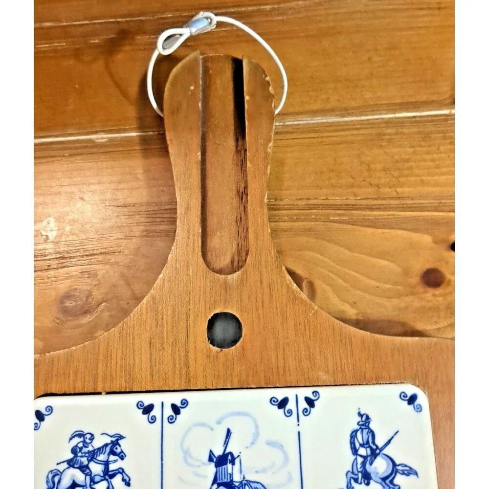 VTG Wood Tile TRIVET Holland Windmill Soldiers Ships w Handle 12.5